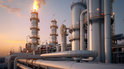 petrochemical refinery with glowing lights and towering structures, showcasing industrial pipes and equipment against sunset backdrop. scene conveys sense of energy and activity