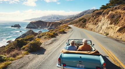 Senior Couple Driving a Classic Convertible on a Scenic Coastal Road