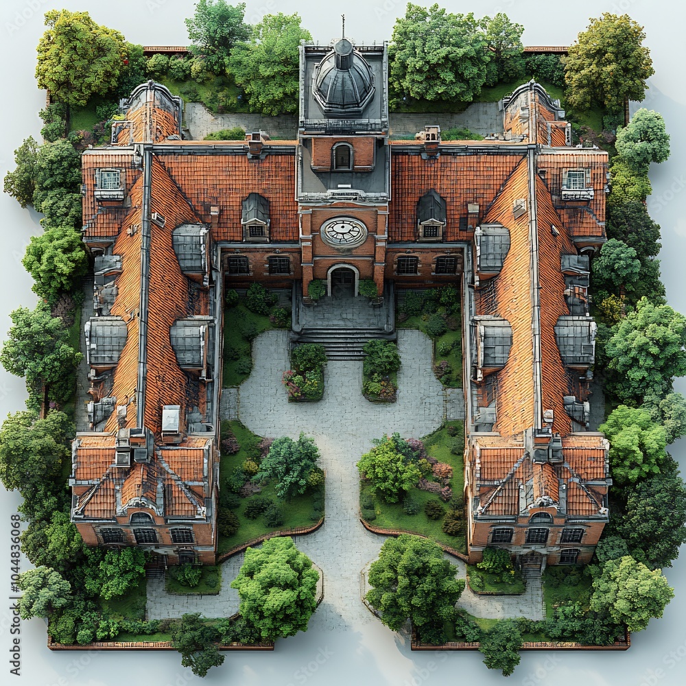 Poster aerial 3d render top view of redbrick school featuring a clock tower and open green courtyard with d