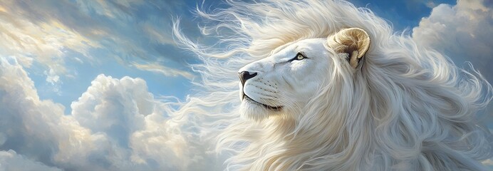 A majestic white lion stands tall against the backdrop of distant mountains, its flowing mane resembling swirling smoke