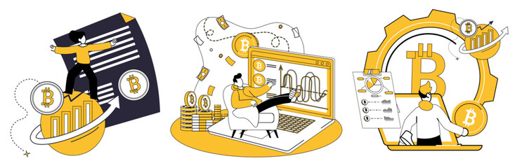 Crypto education. A person analyzing financial graphs, another interacting with digital tools for cryptocurrency trading, and a professional sharing Bitcoin insights. Ideal for teaching, financial