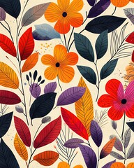Colorful botanical illustrations in minimalist style Colorful floral pattern on a light background