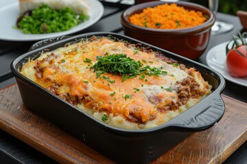 A dish of escondidinho de carne, a layered casserole with shredded beef and creamy mashed cassava, topped with melted cheese
