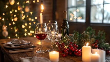 A table with two wine glasses and a bottle of wine