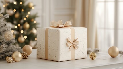 A white box with a bow on top sits on a table next to a Christmas tree
