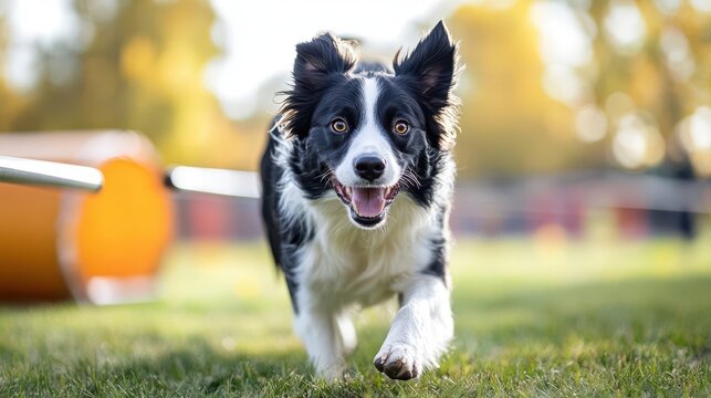 Border collie racing through an agility course, bright outdoor light, ultrarealistic detail of fur, equipment, and the thrill of playful activity