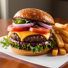 gourmet juicy beef burger with crispy golden fries