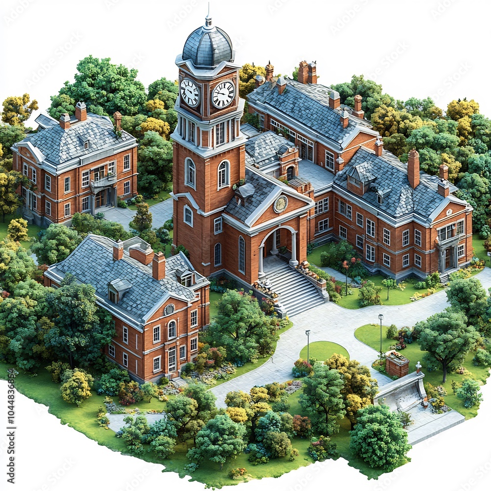 Poster aerial 3d render top view of redbrick school featuring a clock tower and open green courtyard with d