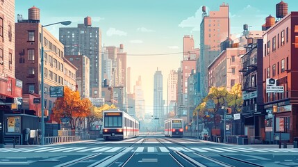 Fototapeta premium a painting of a city street with a train on the tracks and buildings in the background