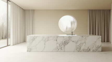 Minimalist marble kitchen island with round window and neutral tones.