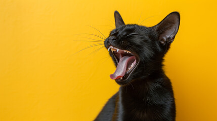 A black cat yawning against a bright yellow background, showcasing its sharp teeth and relaxed demeanor. The cat's eyes are closed, and its tongue is extended, playful and humorous atmosphere
