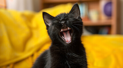 A black cat yawning with its mouth wide open, showcasing its sharp teeth. The background features a...