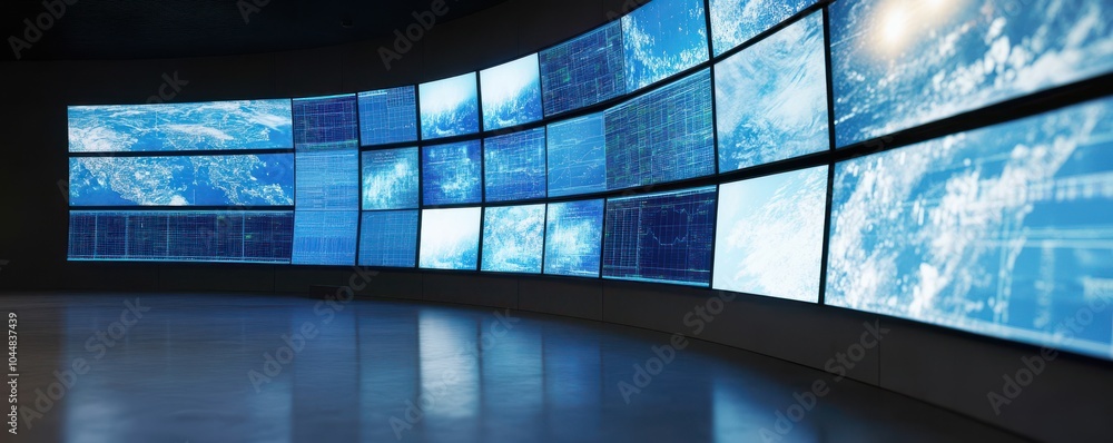 Poster a modern control room featuring multiple screens displaying satellite imagery and data analysis, ide