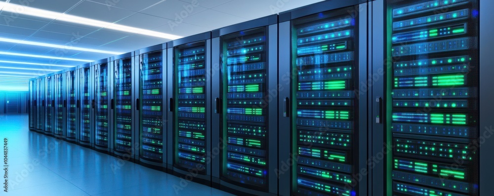Poster a modern data center featuring rows of servers with vibrant led displays in a sleek, high-tech envir