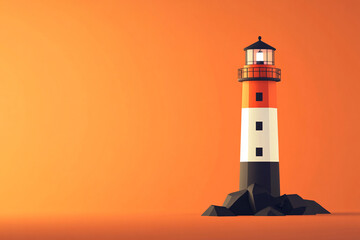 Stylized lighthouse standing on rocks with an orange gradient background representing guidance solitude and coastal beauty
