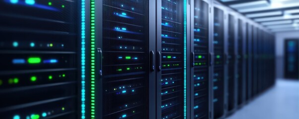 Fototapeta premium A modern data center showcasing rows of powerful servers with vibrant LED indicators, illustrating advanced technology.