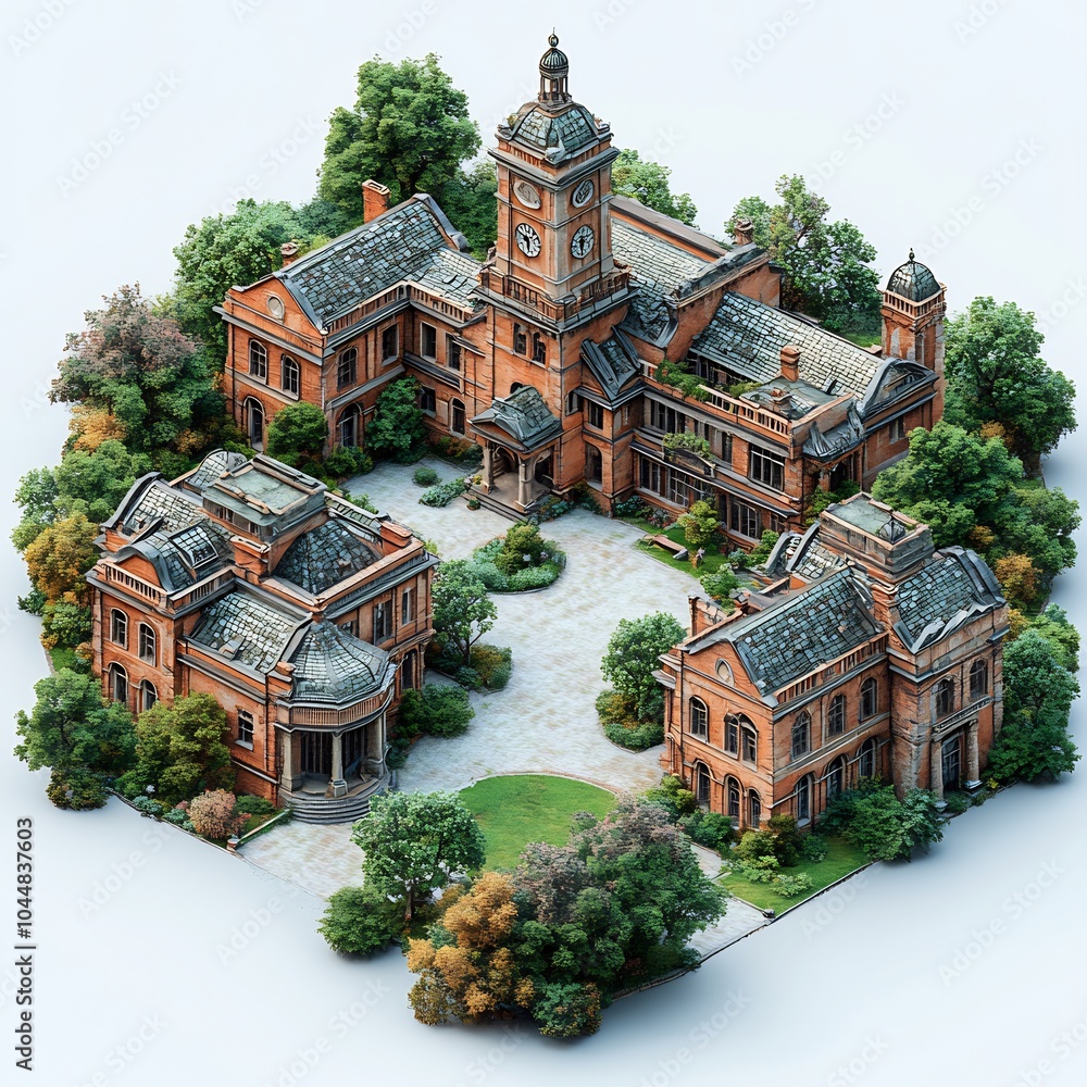 Poster Aerial 3D render top view of redbrick school featuring a clock tower and open green courtyard with detailed architecture isolated on a white background