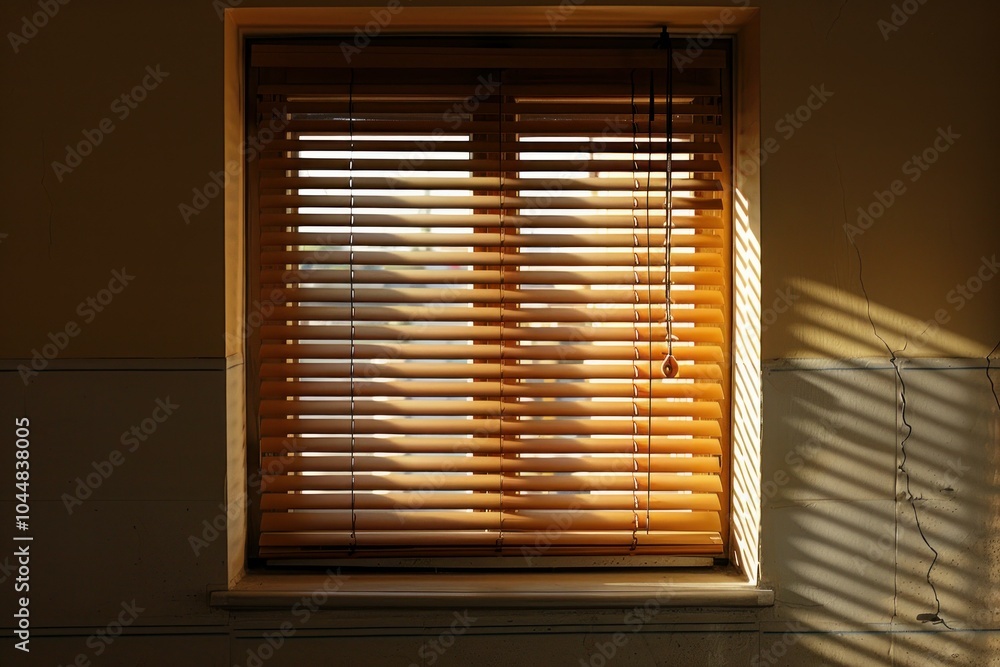 Poster sunlight is creating shadows on the wall through a window with blinds