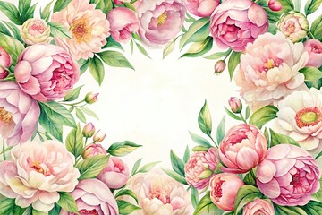Watercolor background of peonies flowers