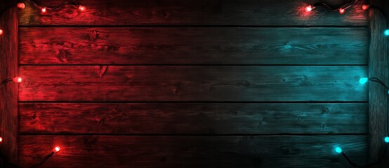 Wooden background illuminated by red and blue string lights, creating a festive and warm atmosphere.
