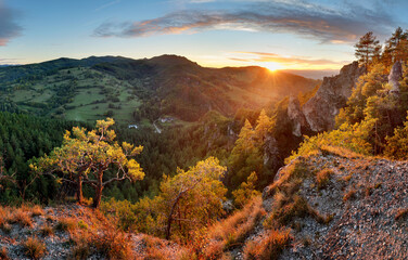 Sunset in nice mountain with sun, forest and rocks in Slovakia, summer landscape panorama - Hricov
