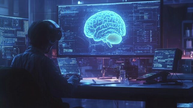 A hyper-realistic image of a scientist intently studying a holographic projection of a human skull, the glowing blue hologram floating above a high-tech desk.