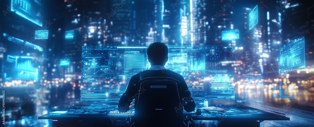 Poster a futuristic scene with a programmer surrounded by virtual screens in a brightly lit cyberpunk citys