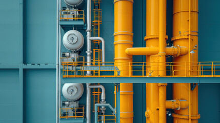 Advanced hydrogen production facility showcasing vibrant yellow and gray pipes, emphasizing modern technology and industrial design