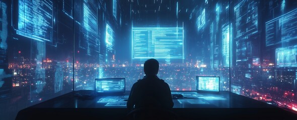 A silhouette of a programmer surrounded by glowing screens in a futuristic cyber cityscape at night.