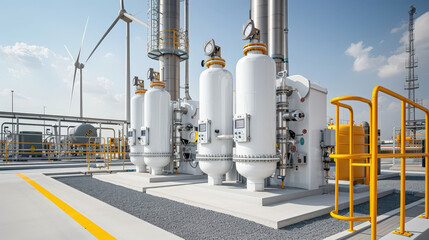 Industrial hydrogen production facility featuring large white storage tanks and pipelines, surrounded by modern infrastructure and wind turbines, showcasing clean energy technology