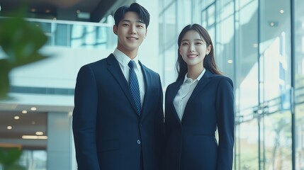 A photorealistic portrait of a Korean man and woman in their 20s, dressed in elegant suits, standing confidently in the lobby of a modern building.
