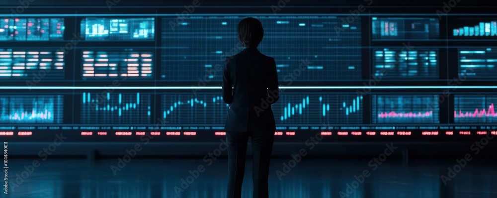 Poster a professional analyzing data trends in a modern control room with digital displays and graphs, show