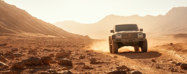 A rugged off-road vehicle driving through a dusty desert landscape at sunset, showcasing adventure and exploration.