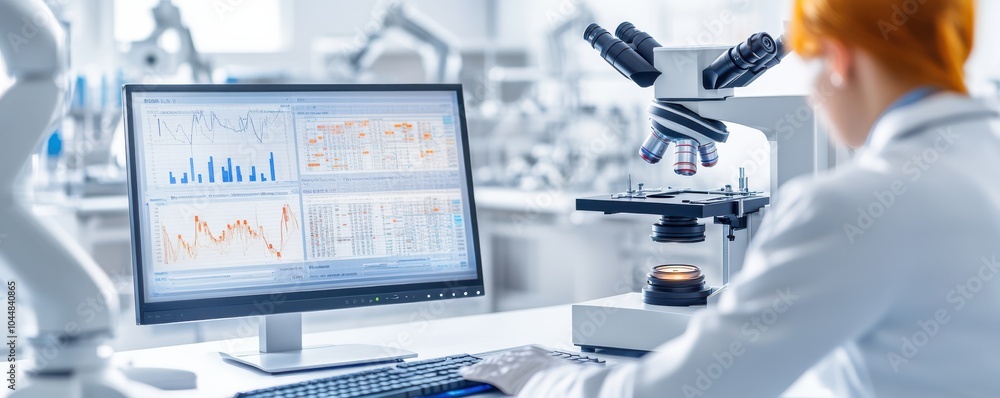 Poster a scientist analyzes data on a computer in a modern laboratory, next to a microscope, showcasing inn