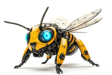 A small, cute robotic insect with a bee-like appearance, featuring shiny yellow and black metal armor and glowing blue eyes. The insect has mechanical wings