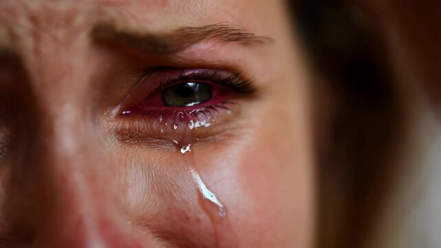 close up of a female eye with crying in tears