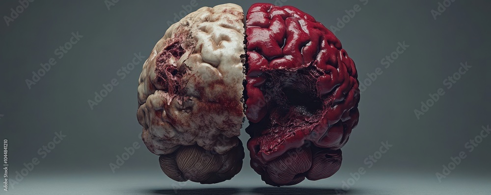 Poster a striking image of a brain split in two, showcasing contrasting textures and colors, symbolizing du