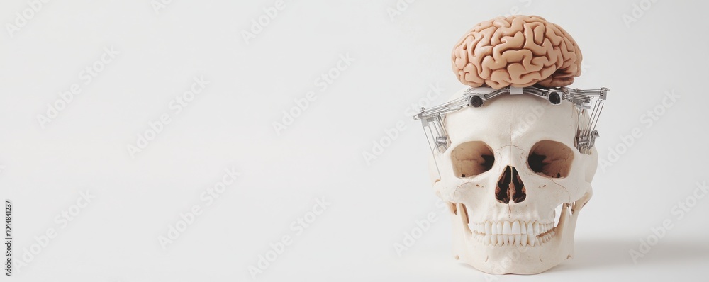 Poster a surreal depiction of a human skull topped with a brain, symbolizing the connection between anatomy