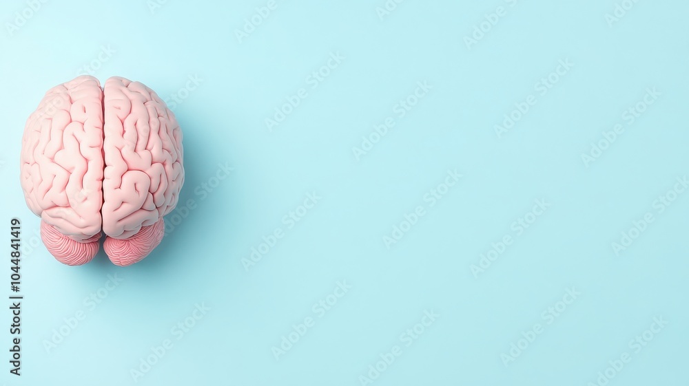 Poster a realistic pink brain model positioned on a soft blue background, emphasizing neurological themes a