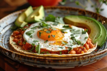 A dish of huevos rancheros, with fried eggs on corn tortillas topped with a tomato-chili sauce, served with refried beans and sliced avocado