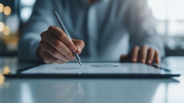 Closeup of a designer sketching product concepts on a tablet, bright lighting, ultrarealistic detail of pen strokes, digital interface, and innovative ideas