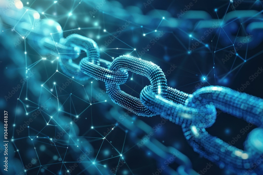 Poster strong chain made of digital nodes is glowing on a dark blue background with network connections