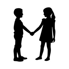 Silhouettes of little boy and girl greeting each other on transparent background, child, children, holding hands