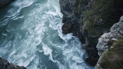 breathtaking view of river flowing through canyon, showcasing powerful currents and rocky formations. waters movement creates dynamic and serene atmosphere