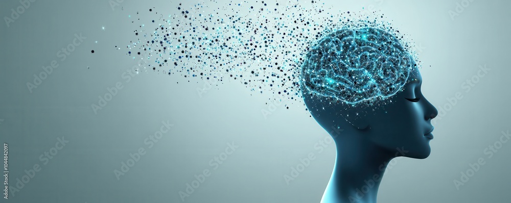 Poster a futuristic profile of a head with a disintegrating brain made of particles, symbolizing ideas, cre