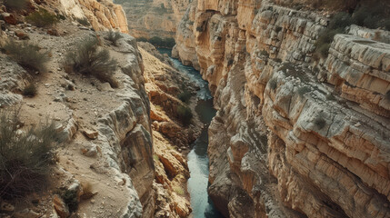 stunning canyon carved by river over millennia, showcasing dramatic rock formations and winding waterway. natural beauty evokes sense of wonder and tranquility