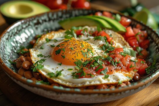 A dish of huevos rancheros, with fried eggs on corn tortillas topped with a tomato-chili sauce, served with refried beans and sliced avocado