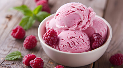 Raspberry ice cream in white bowl on wooden table