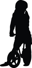 Silhouette of a child riding bicycle illustration. Toddler play a bike outdoor.