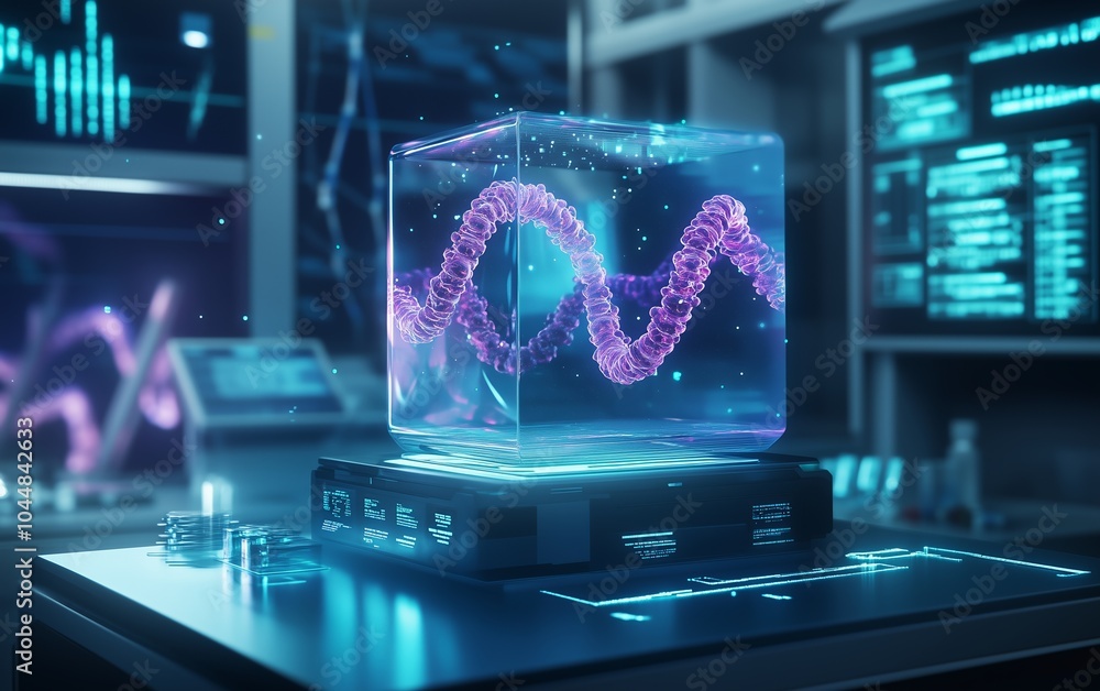 Poster a cutting-edge laboratory with a glowing dna model in a transparent cube, surrounded by advanced tec